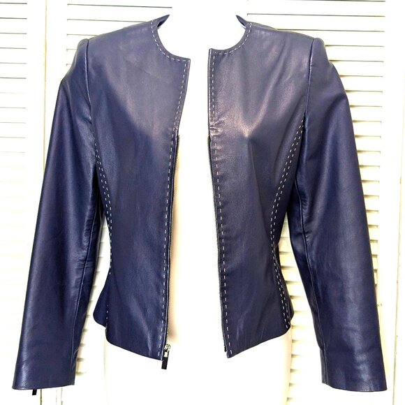 Navy Blue Lambskin Leather Jacket Womens Sz 4 Dana Buchman Short Zip Ret. $890